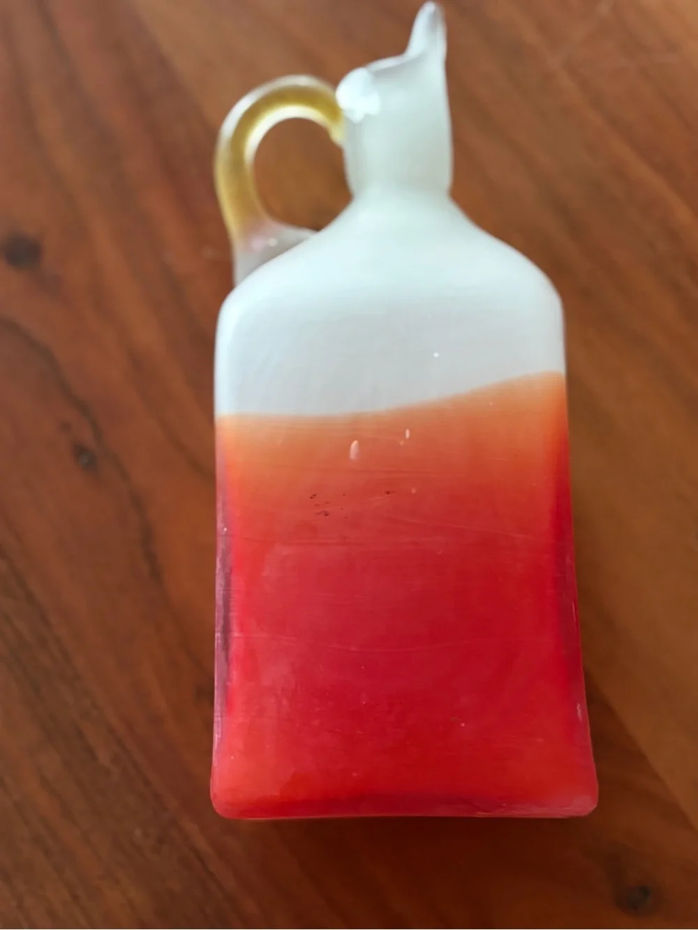 Vintage White to Red Ombre Glass Pitcher with Yellow Handle